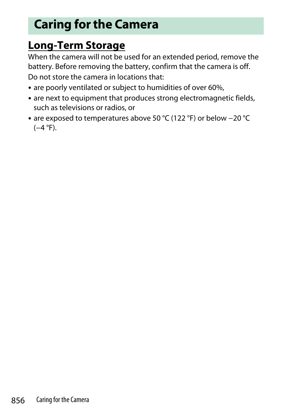 Caring for the camera, Long-term storage | Nikon Z9 Mirrorless Camera User Manual | Page 856 / 914