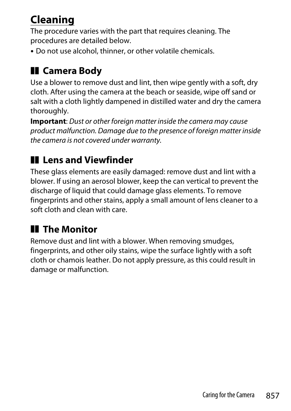 Cleaning, Camera body, Lens and viewfinder | The monitor | Nikon Z9 Mirrorless Camera User Manual | Page 857 / 914