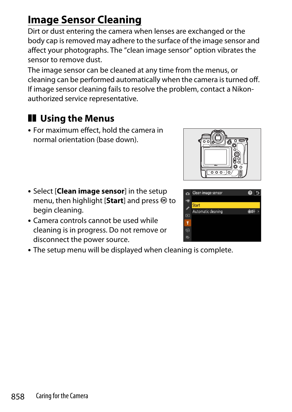 Image sensor cleaning, Using the menus | Nikon Z9 Mirrorless Camera User Manual | Page 858 / 914