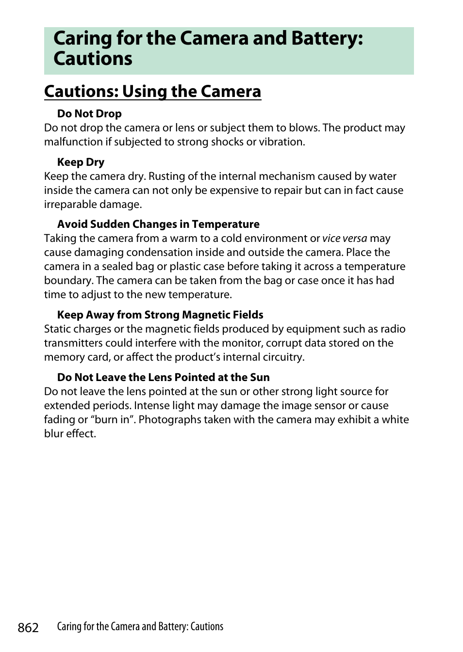 Caring for the camera and battery: cautions, Cautions: using the camera | Nikon Z9 Mirrorless Camera User Manual | Page 862 / 914