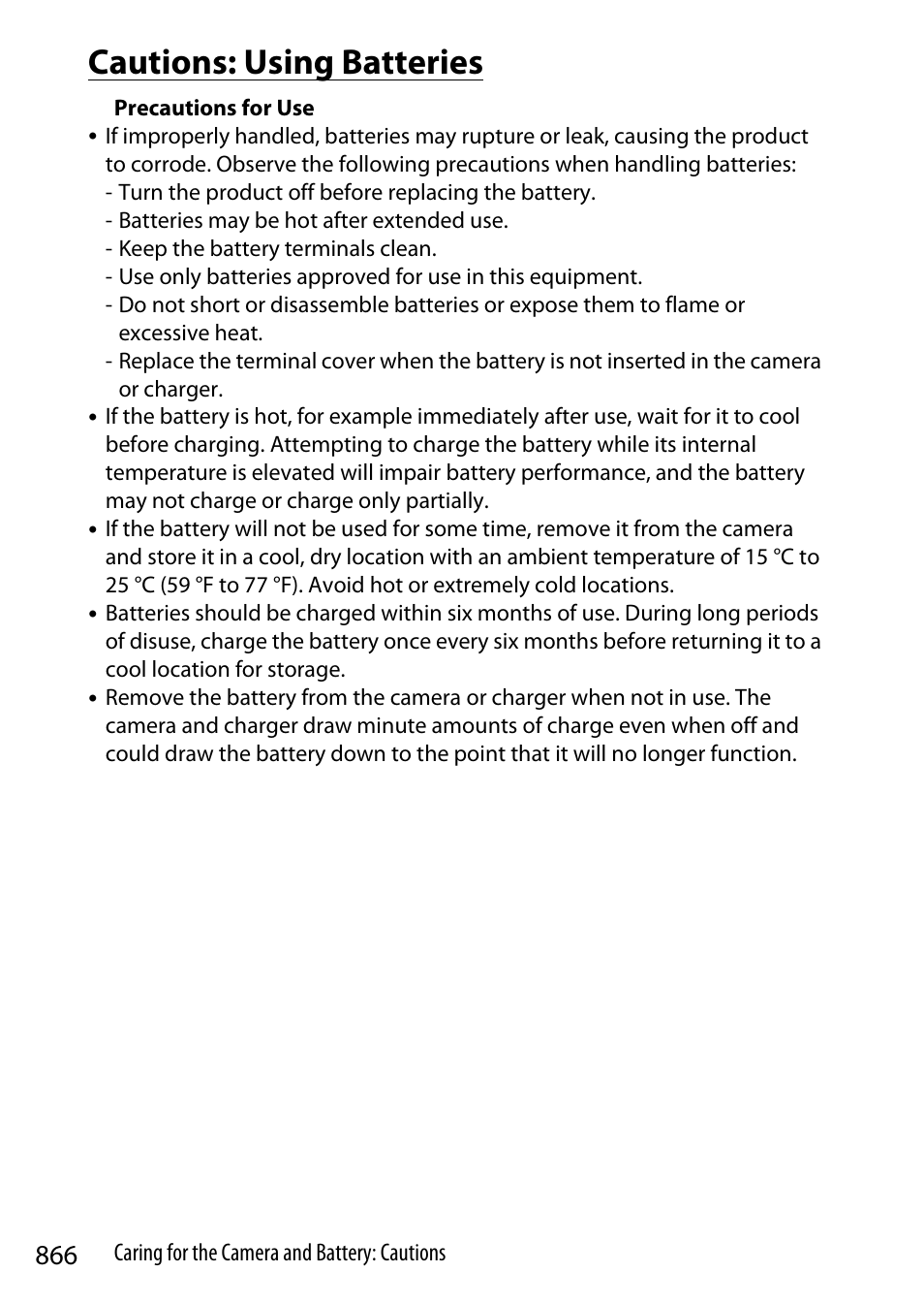 Cautions: using batteries | Nikon Z9 Mirrorless Camera User Manual | Page 866 / 914