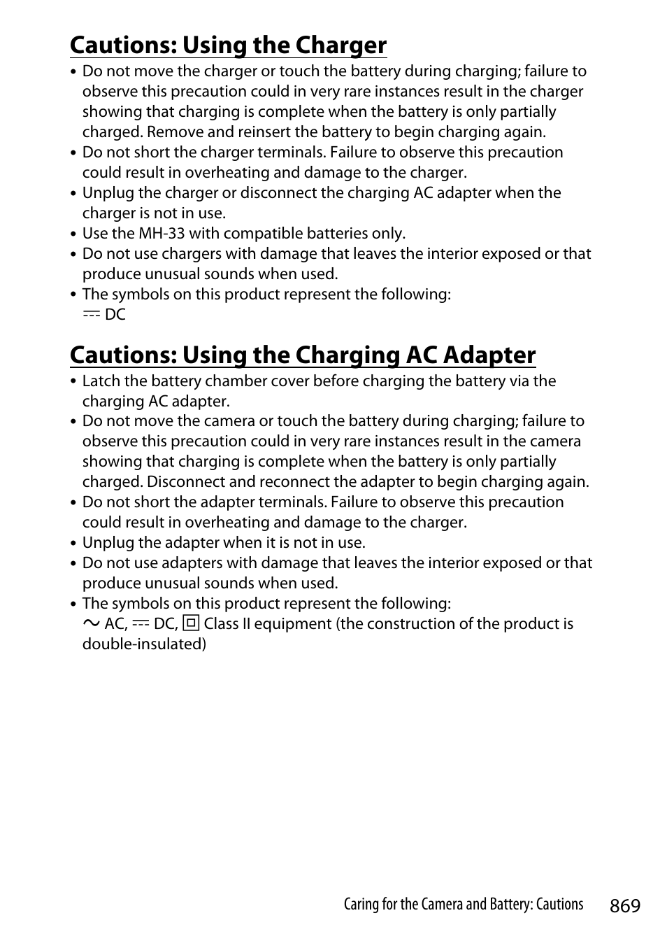 Cautions: using the charger, Cautions: using the charging ac adapter | Nikon Z9 Mirrorless Camera User Manual | Page 869 / 914