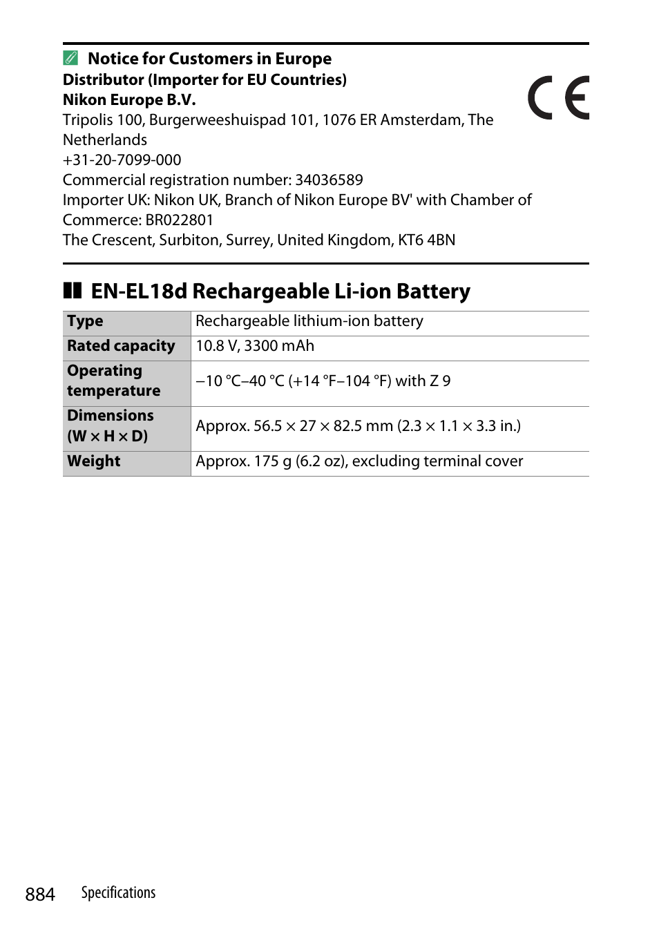 En-el18d rechargeable li-ion battery | Nikon Z9 Mirrorless Camera User Manual | Page 884 / 914