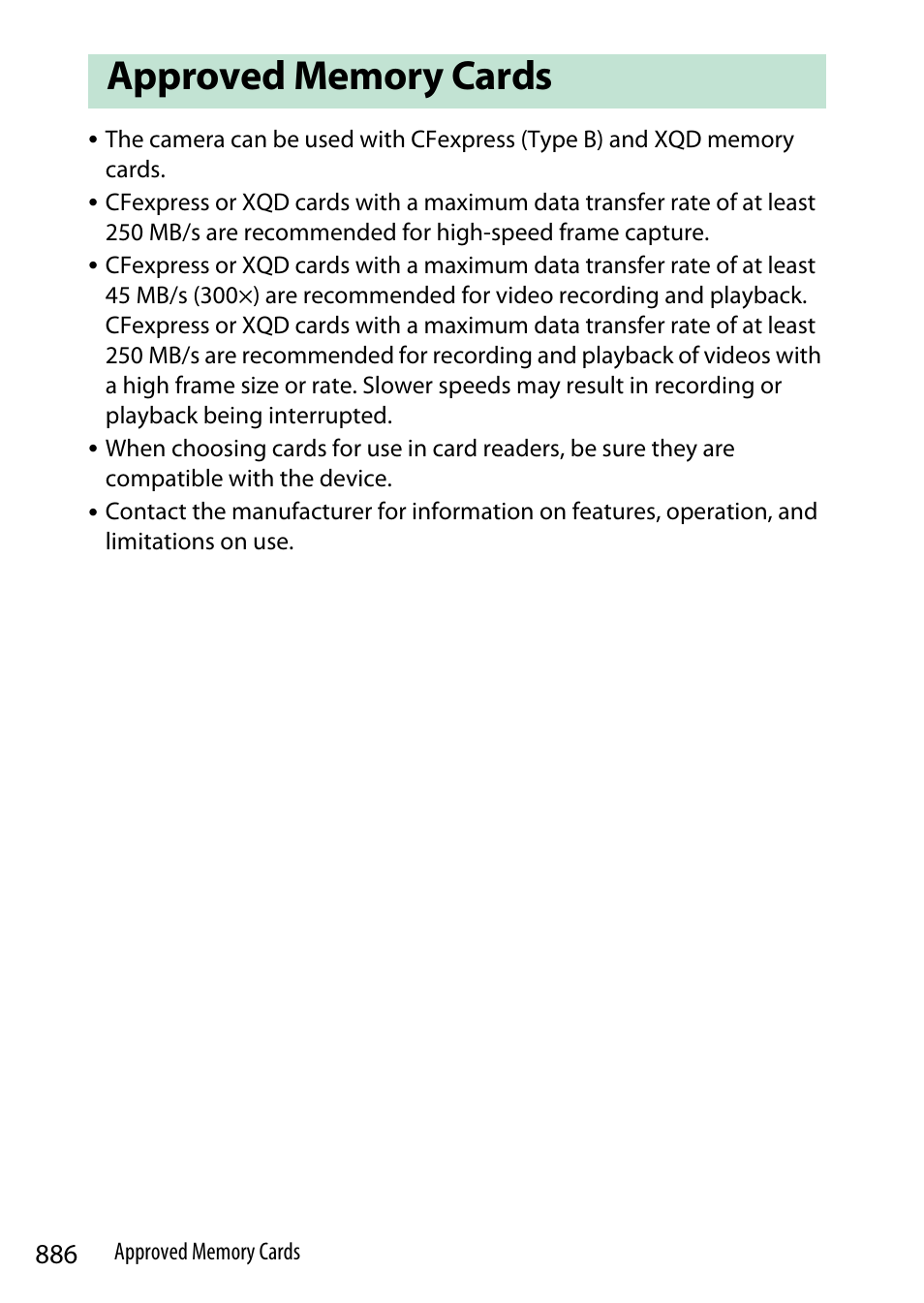 Approved memory cards | Nikon Z9 Mirrorless Camera User Manual | Page 886 / 914