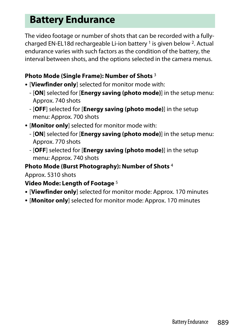 Battery endurance | Nikon Z9 Mirrorless Camera User Manual | Page 889 / 914