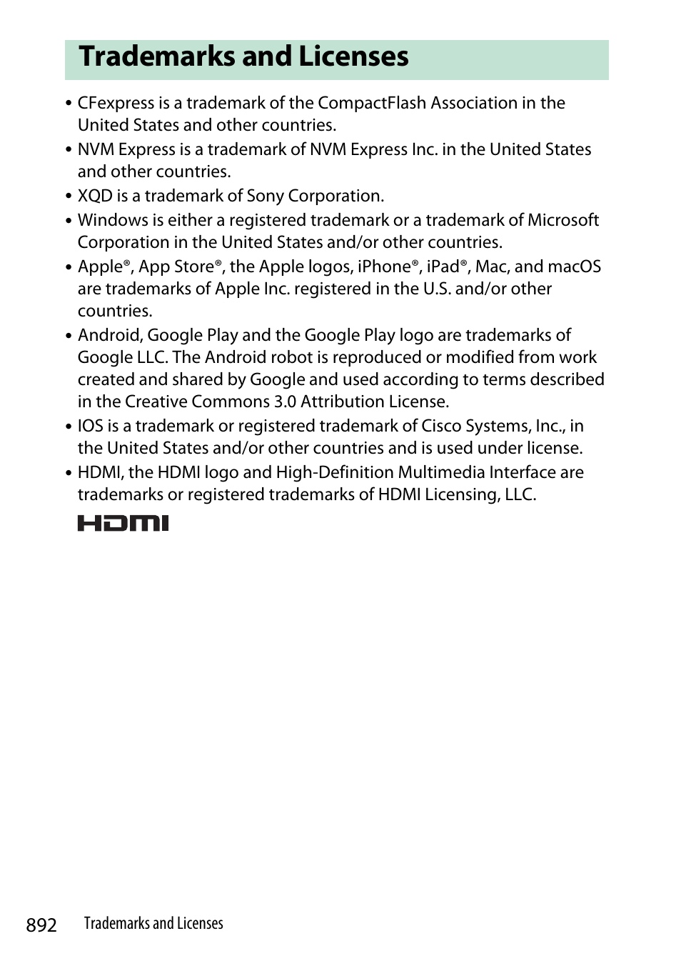 Trademarks and licenses | Nikon Z9 Mirrorless Camera User Manual | Page 892 / 914