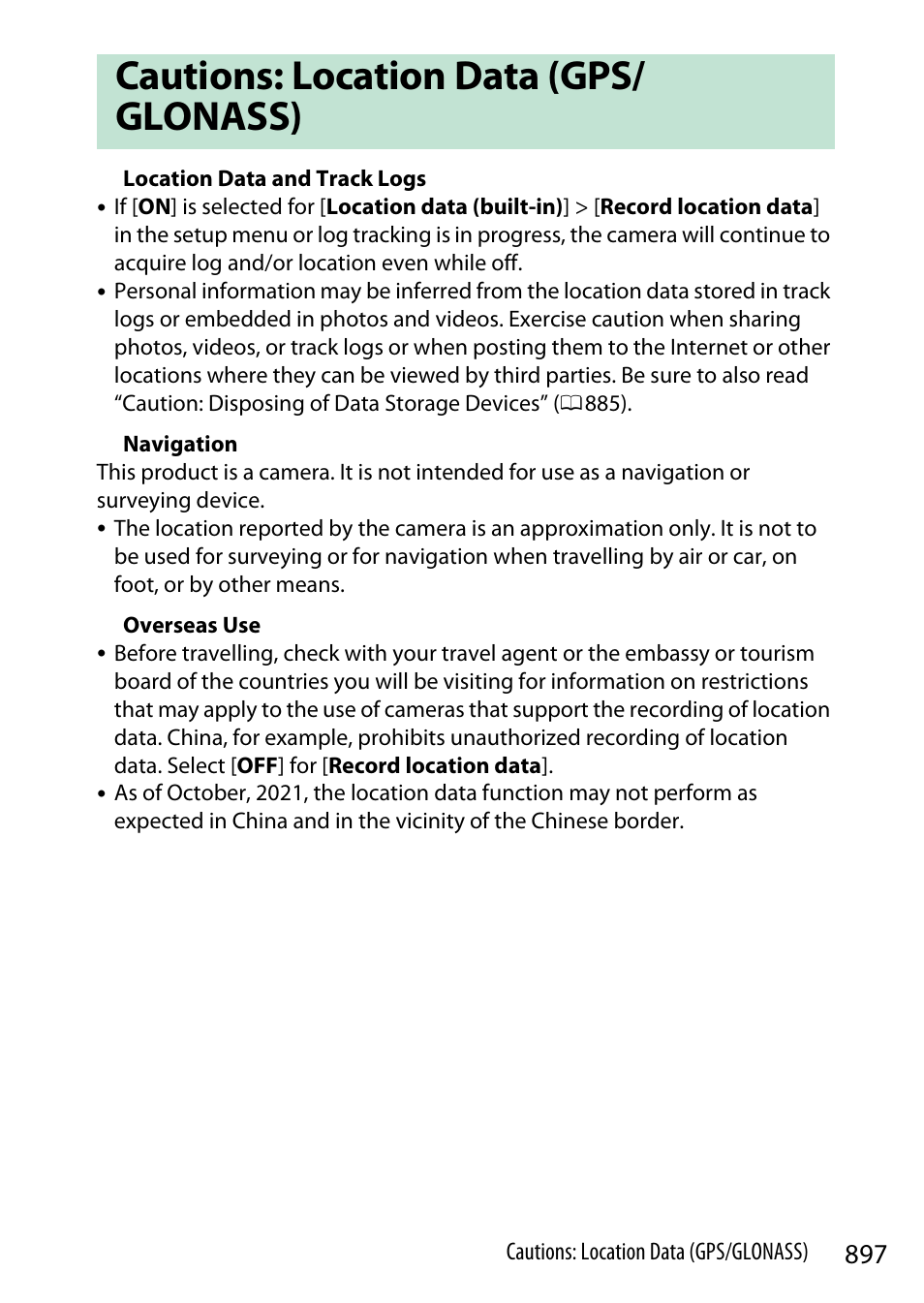Cautions: location data (gps/ glonass) | Nikon Z9 Mirrorless Camera User Manual | Page 897 / 914