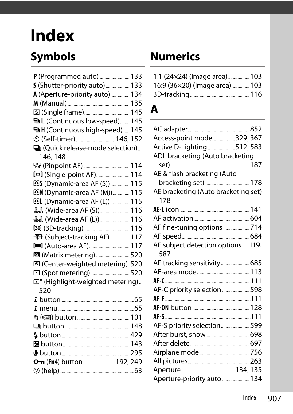 Index, Ex 907, Symbols | Numerics | Nikon Z9 Mirrorless Camera User Manual | Page 907 / 914