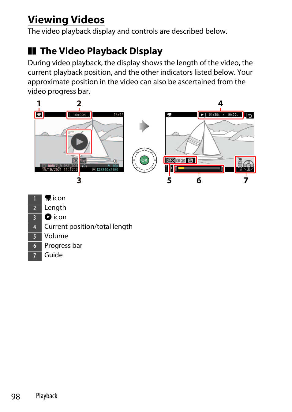 Viewing videos, The video playback display | Nikon Z9 Mirrorless Camera User Manual | Page 98 / 914