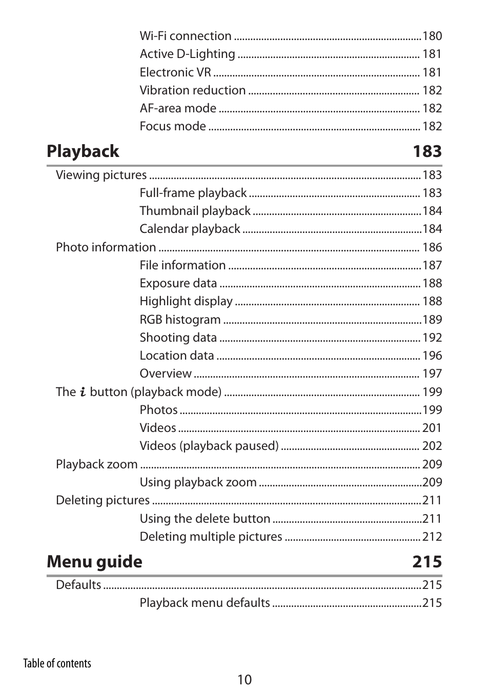 Playback 183, Menu guide 215 | Nikon Zfc Mirrorless Camera with 28mm Lens User Manual | Page 10 / 624