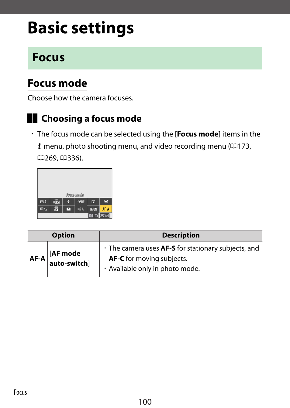 Basic settings, Focus, Focus mode | Ocus mode | Nikon Zfc Mirrorless Camera with 28mm Lens User Manual | Page 100 / 624