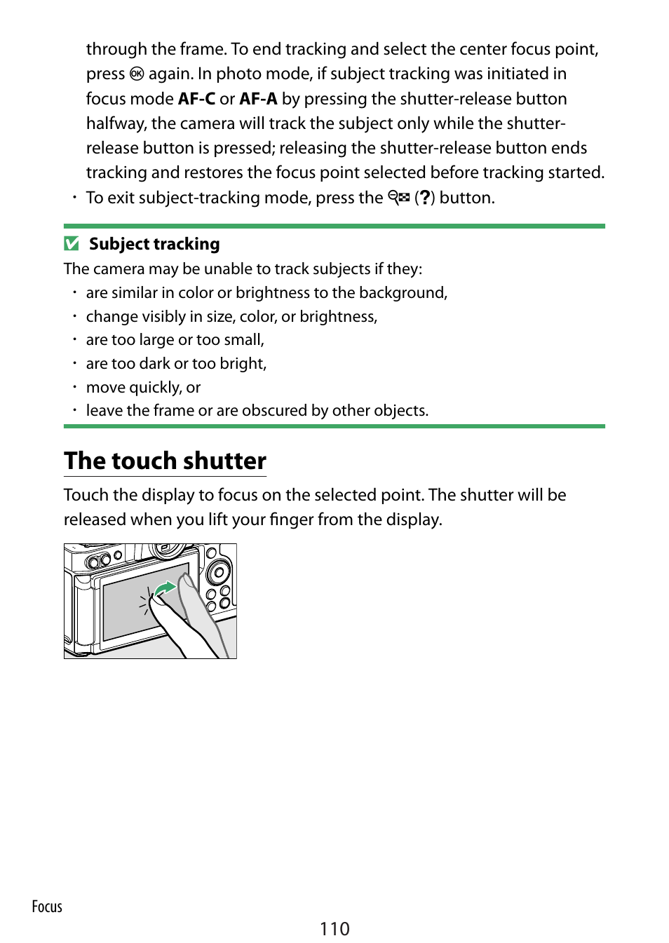 The touch shutter, Ouch shooting | Nikon Zfc Mirrorless Camera with 28mm Lens User Manual | Page 110 / 624