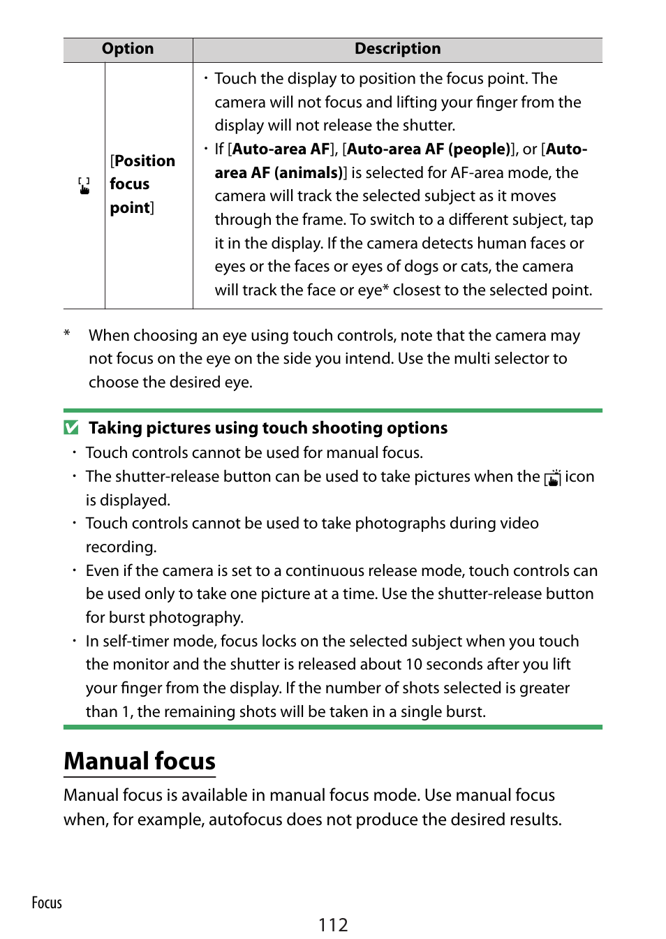Manual focus | Nikon Zfc Mirrorless Camera with 28mm Lens User Manual | Page 112 / 624