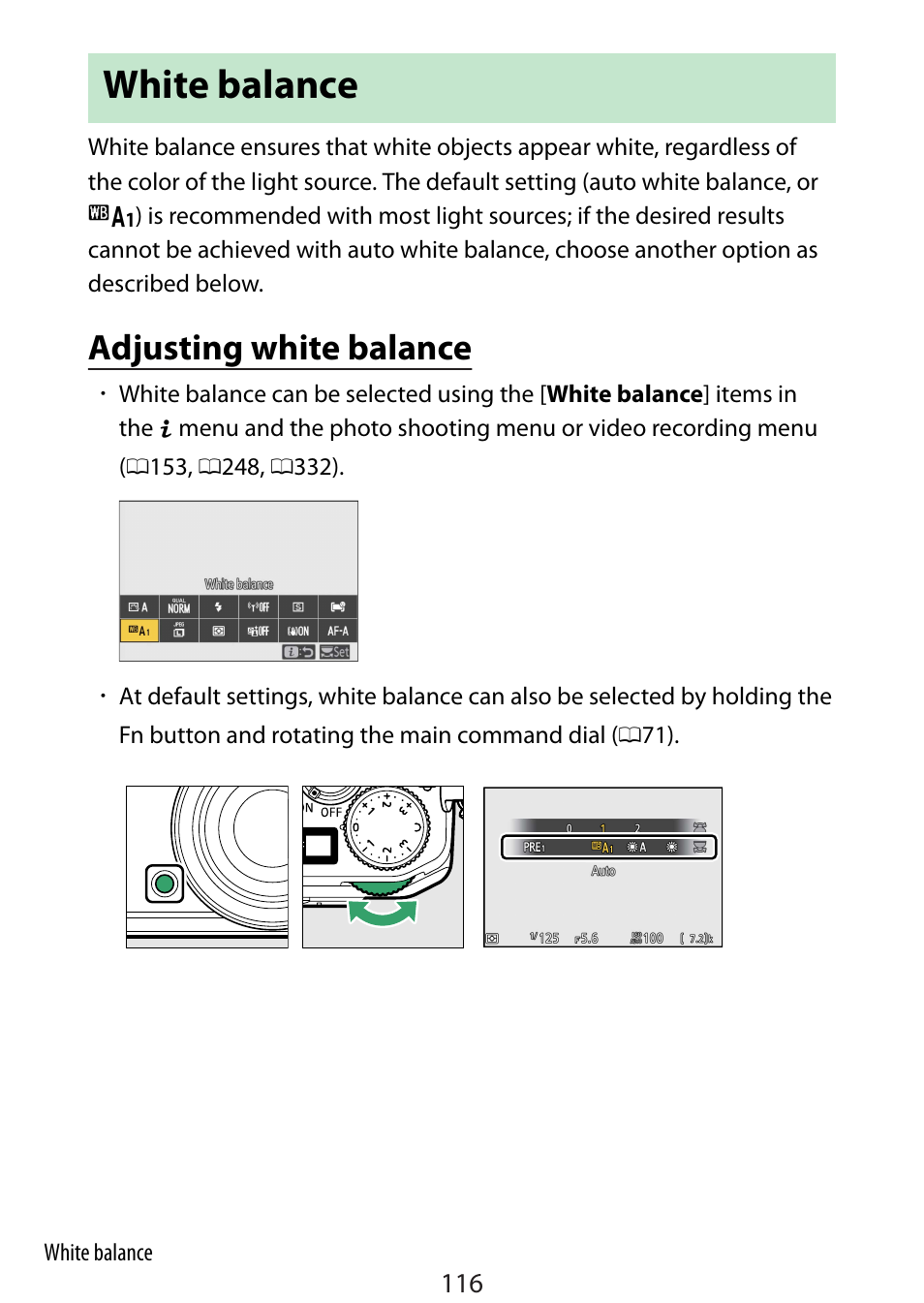 White balance, Adjusting white balance | Nikon Zfc Mirrorless Camera with 28mm Lens User Manual | Page 116 / 624