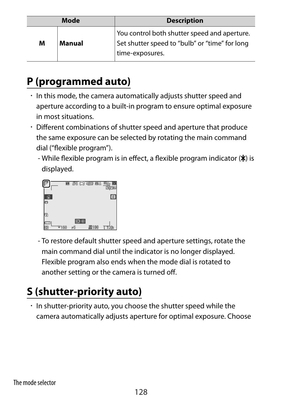 P (programmed auto), S (shutter-priority auto) | Nikon Zfc Mirrorless Camera with 28mm Lens User Manual | Page 128 / 624