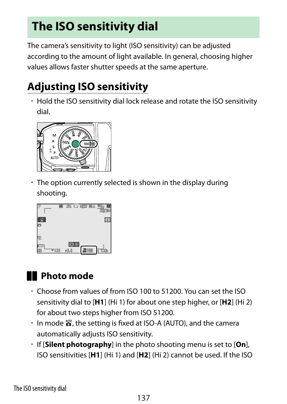 The iso sensitivity dial, Adjusting iso sensitivity | Nikon Zfc Mirrorless Camera with 28mm Lens User Manual | Page 137 / 624