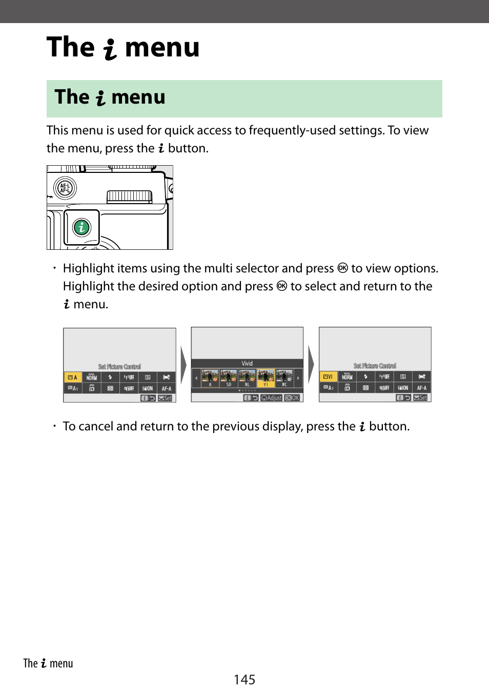 The i menu | Nikon Zfc Mirrorless Camera with 28mm Lens User Manual | Page 145 / 624