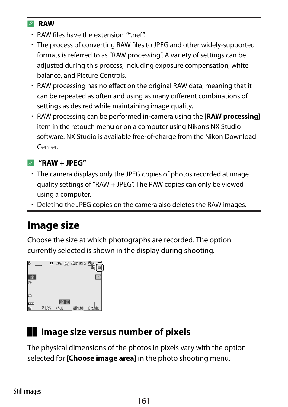 Image size, Image size versus number of pixels | Nikon Zfc Mirrorless Camera with 28mm Lens User Manual | Page 161 / 624