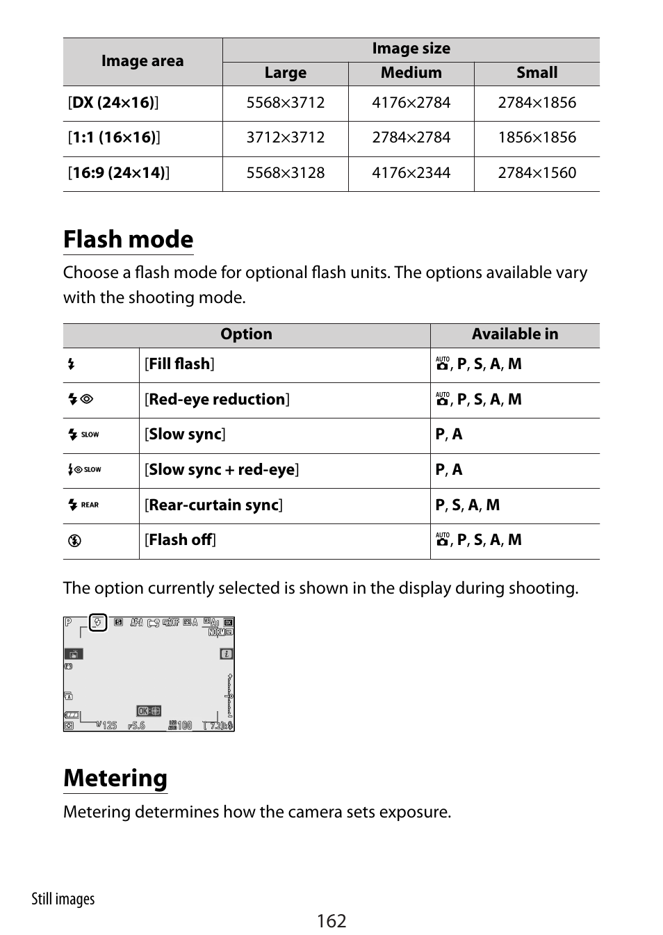 Flash mode, Metering | Nikon Zfc Mirrorless Camera with 28mm Lens User Manual | Page 162 / 624