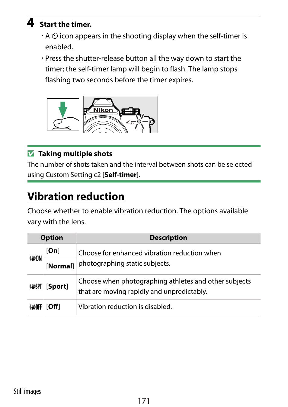 Vibration reduction | Nikon Zfc Mirrorless Camera with 28mm Lens User Manual | Page 171 / 624