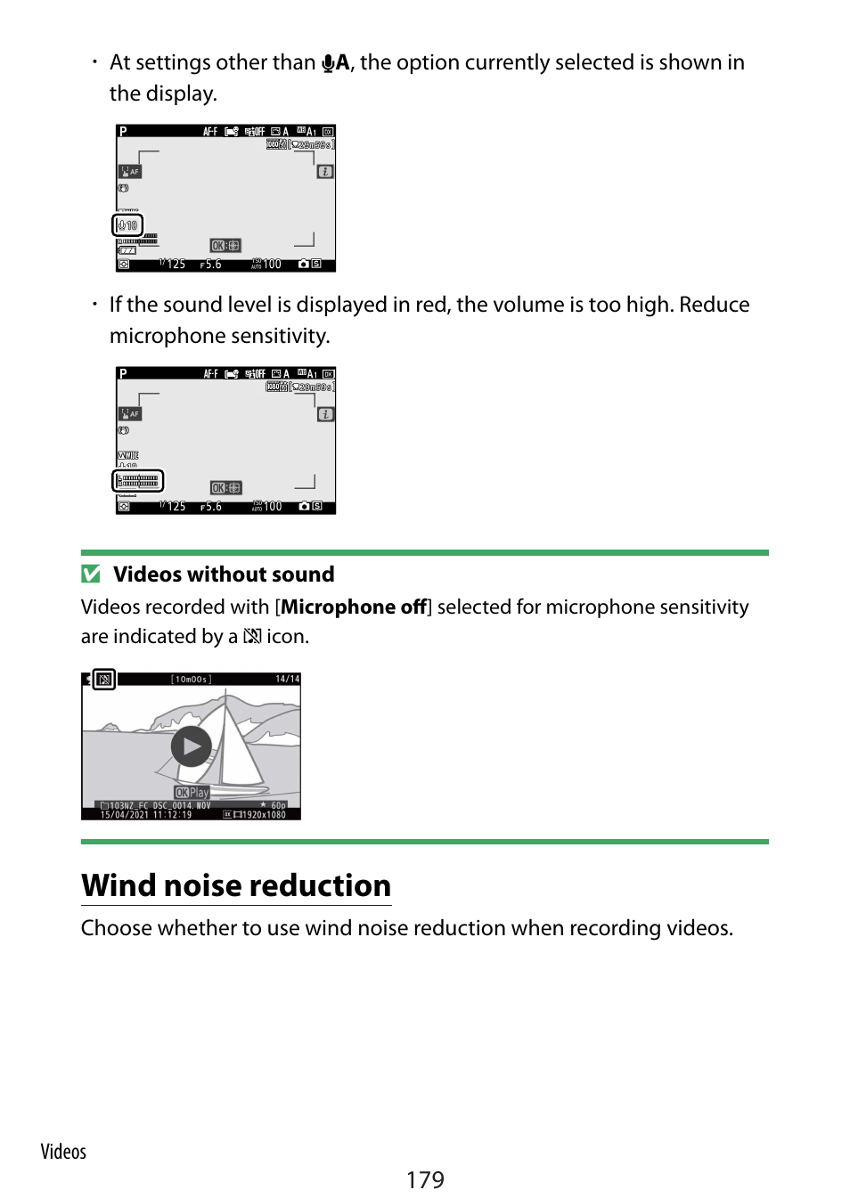 Wind noise reduction | Nikon Zfc Mirrorless Camera with 28mm Lens User Manual | Page 179 / 624