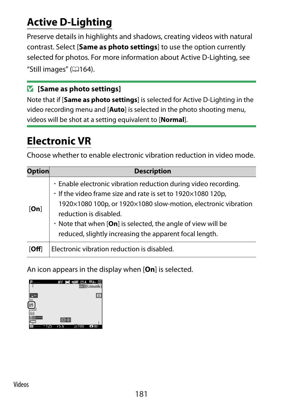Active d-lighting, Electronic vr | Nikon Zfc Mirrorless Camera with 28mm Lens User Manual | Page 181 / 624