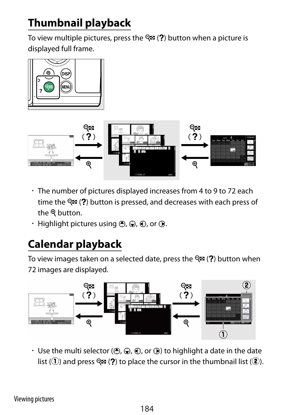 Thumbnail playback, Calendar playback | Nikon Zfc Mirrorless Camera with 28mm Lens User Manual | Page 184 / 624