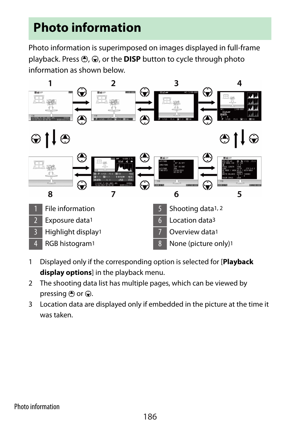 Photo information | Nikon Zfc Mirrorless Camera with 28mm Lens User Manual | Page 186 / 624