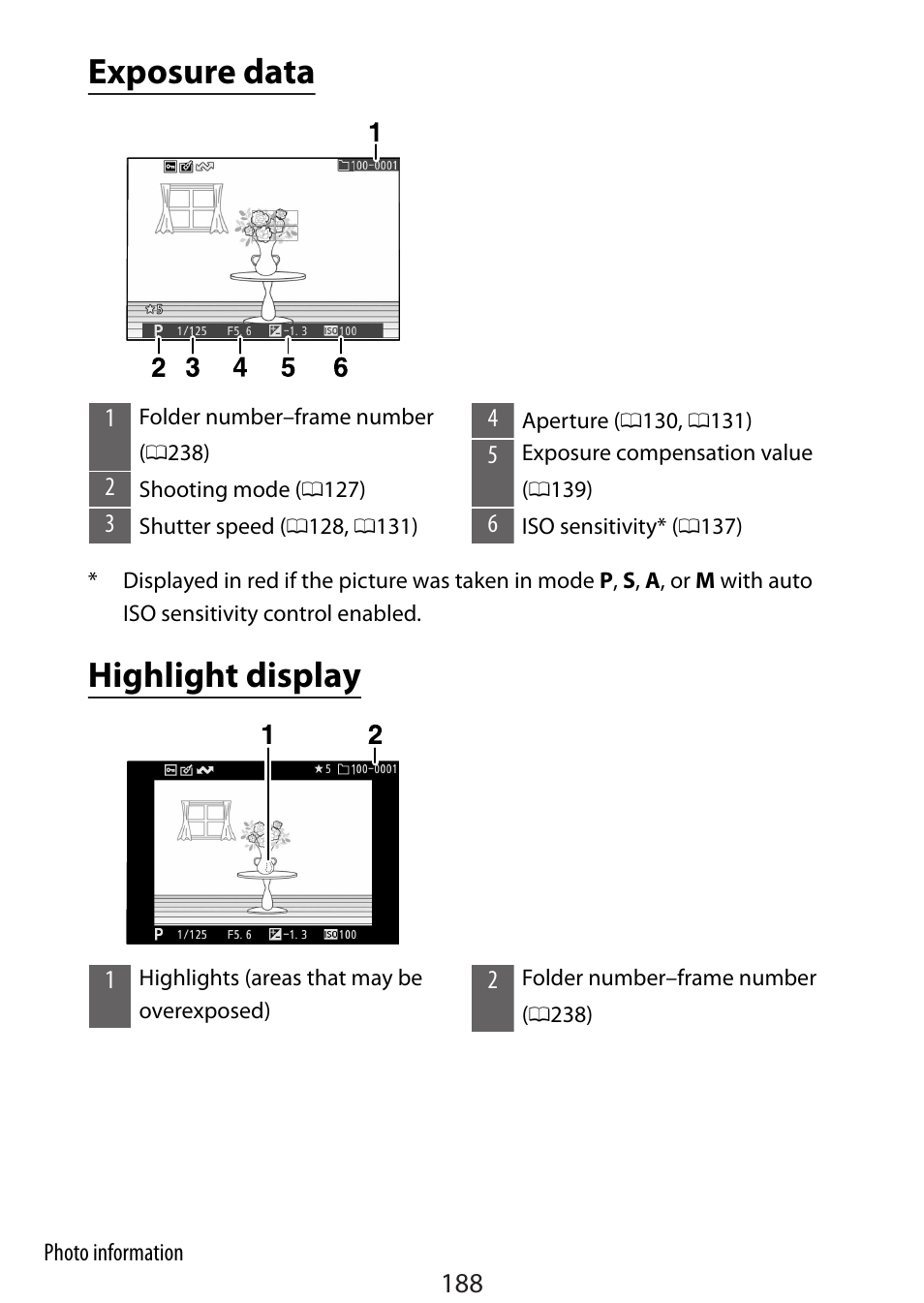 Exposure data, Highlight display | Nikon Zfc Mirrorless Camera with 28mm Lens User Manual | Page 188 / 624