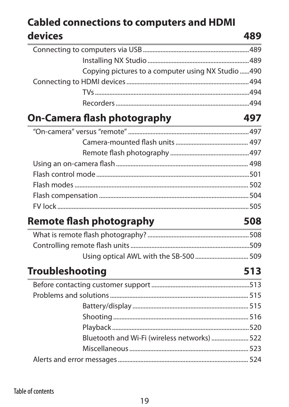 On-camera flash photography 497, Remote flash photography 508, Troubleshooting 513 | Nikon Zfc Mirrorless Camera with 28mm Lens User Manual | Page 19 / 624