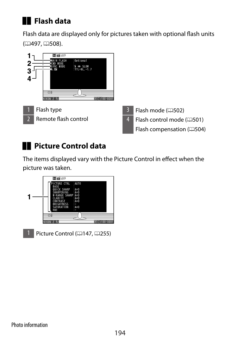 Flash data, Picture control data | Nikon Zfc Mirrorless Camera with 28mm Lens User Manual | Page 194 / 624