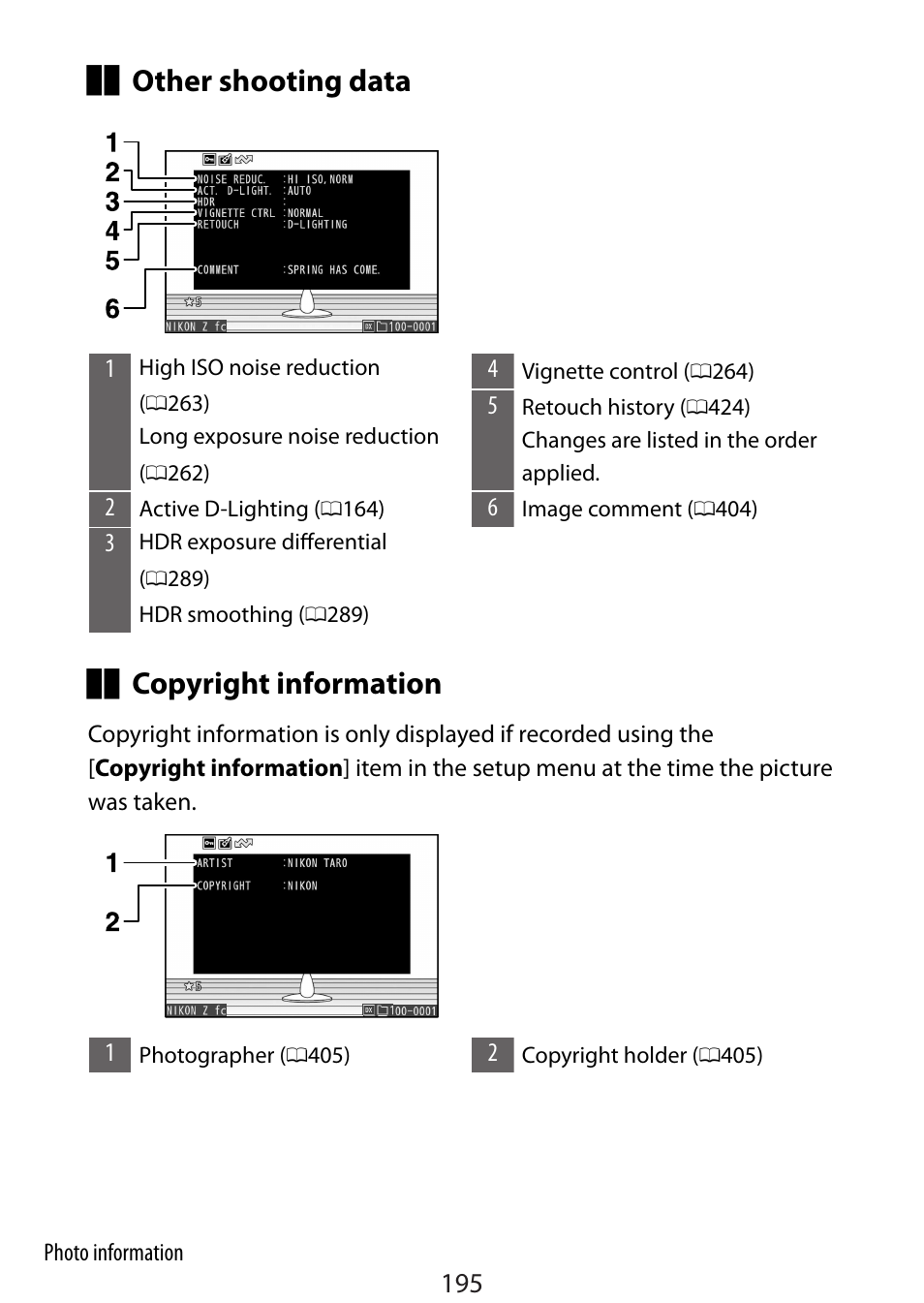 Other shooting data, Copyright information | Nikon Zfc Mirrorless Camera with 28mm Lens User Manual | Page 195 / 624
