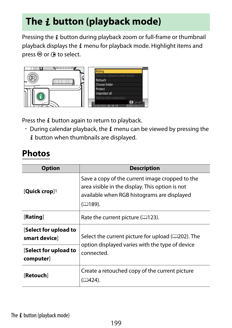 The i button (playback mode), Photos | Nikon Zfc Mirrorless Camera with 28mm Lens User Manual | Page 199 / 624