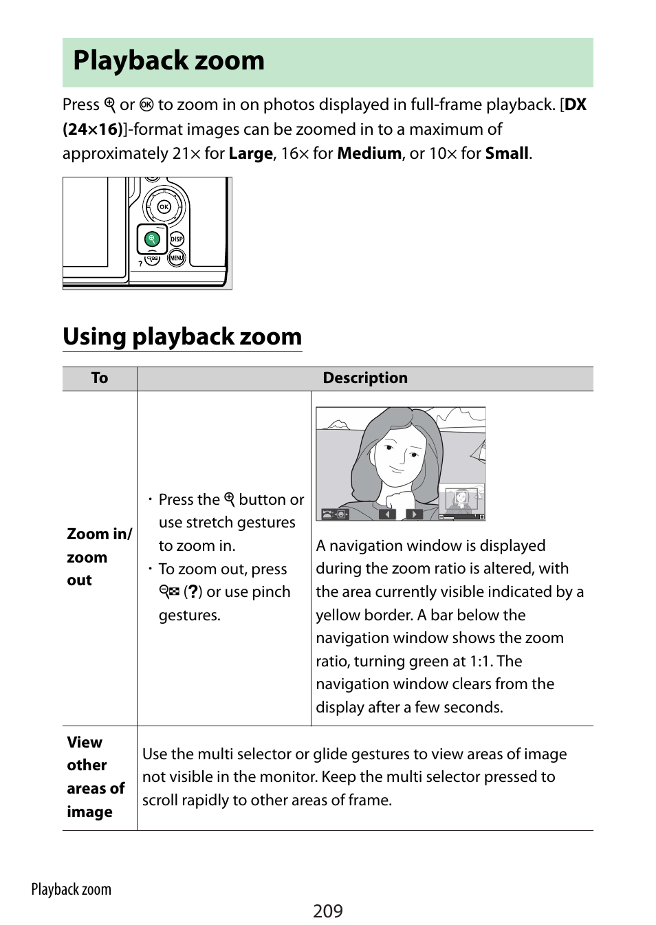 Playback zoom, Using playback zoom | Nikon Zfc Mirrorless Camera with 28mm Lens User Manual | Page 209 / 624