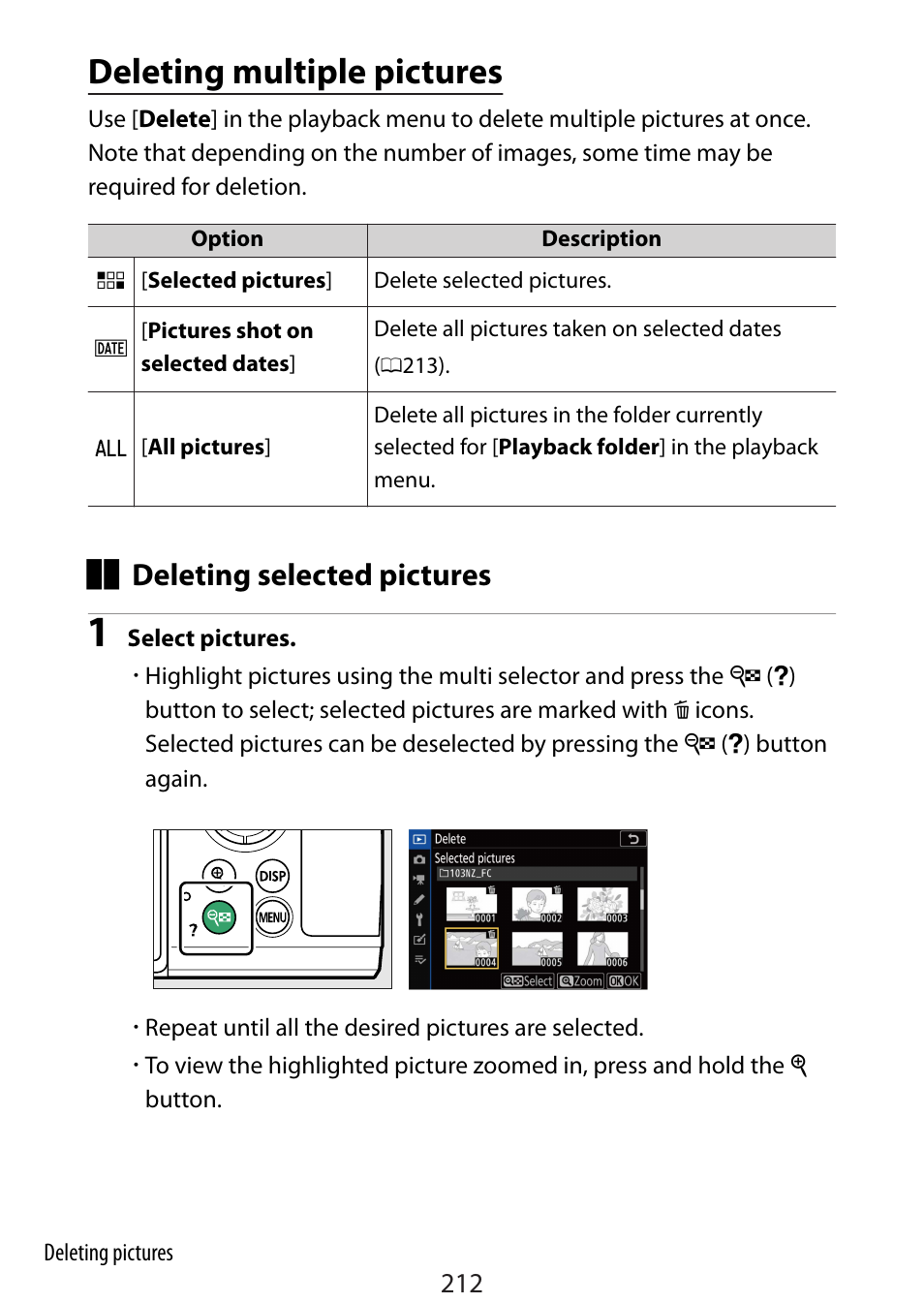 Deleting multiple pictures, Deleting selected pictures | Nikon Zfc Mirrorless Camera with 28mm Lens User Manual | Page 212 / 624