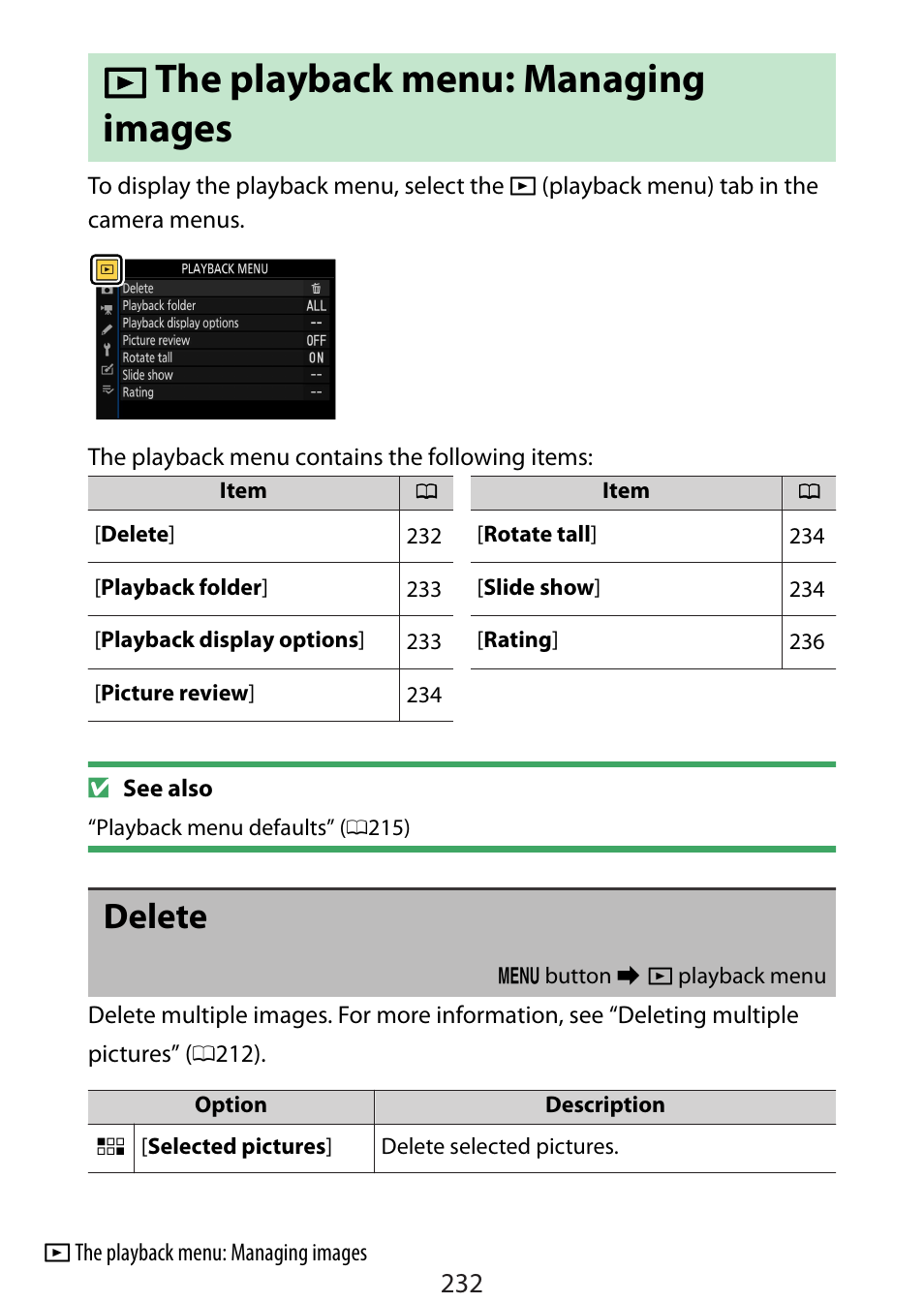 The playback menu: managing images, Delete, Ck menu | Dthe playback menu: managing images | Nikon Zfc Mirrorless Camera with 28mm Lens User Manual | Page 232 / 624