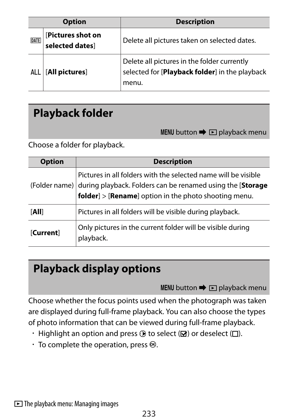 Playback folder, Playback display options | Nikon Zfc Mirrorless Camera with 28mm Lens User Manual | Page 233 / 624