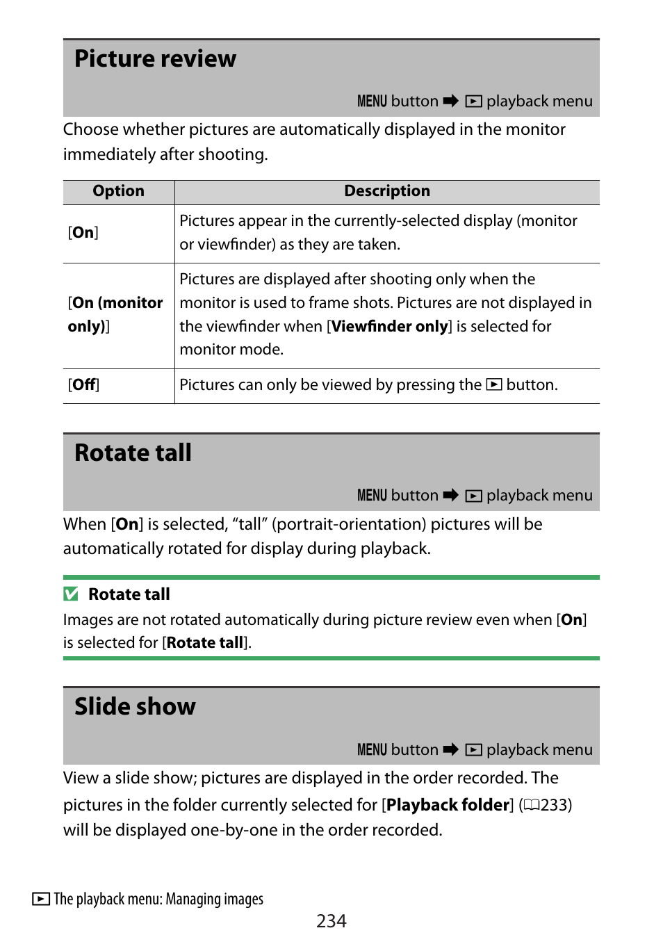 Picture review, Rotate tall, Slide show | Nikon Zfc Mirrorless Camera with 28mm Lens User Manual | Page 234 / 624