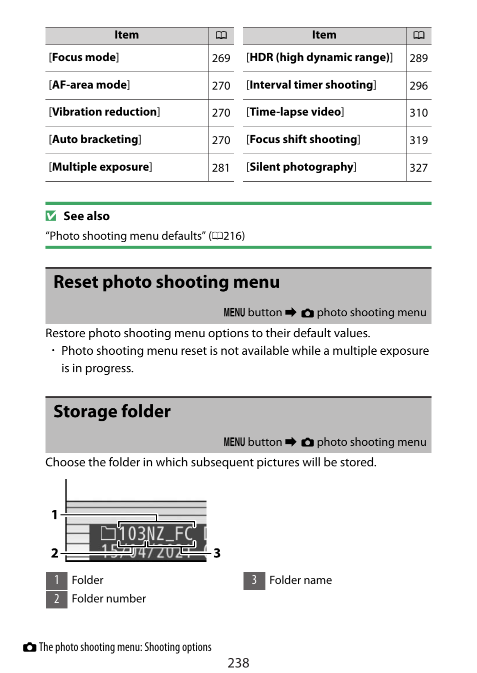 Reset photo shooting menu, Storage folder | Nikon Zfc Mirrorless Camera with 28mm Lens User Manual | Page 238 / 624