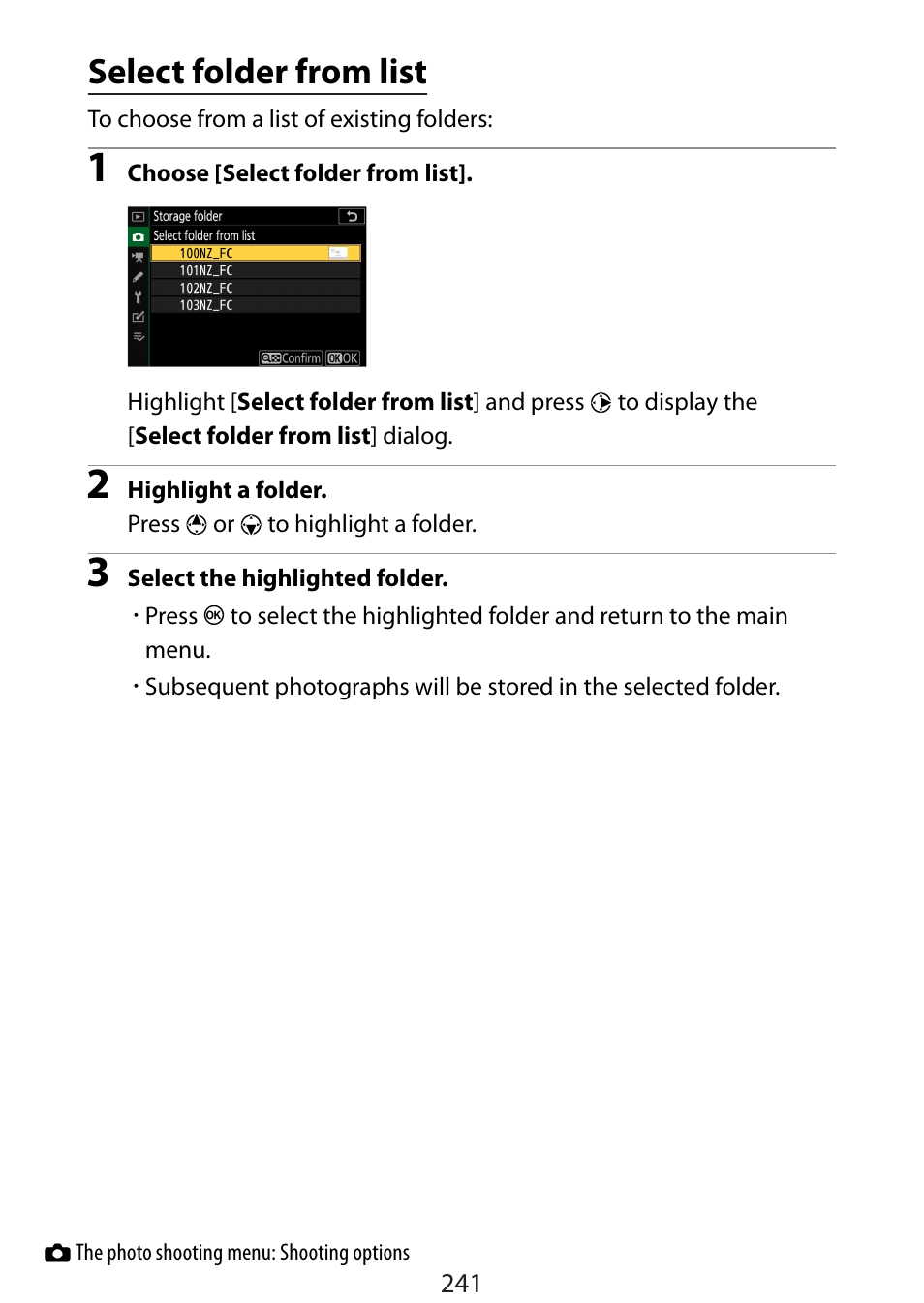 Select folder from list | Nikon Zfc Mirrorless Camera with 28mm Lens User Manual | Page 241 / 624