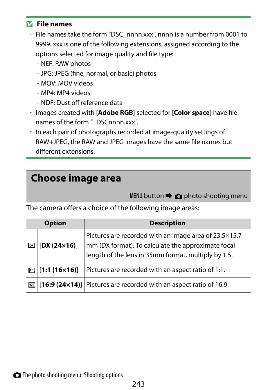 Choose image area | Nikon Zfc Mirrorless Camera with 28mm Lens User Manual | Page 243 / 624