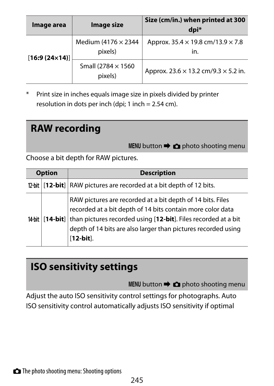 Raw recording, Iso sensitivity settings | Nikon Zfc Mirrorless Camera with 28mm Lens User Manual | Page 245 / 624