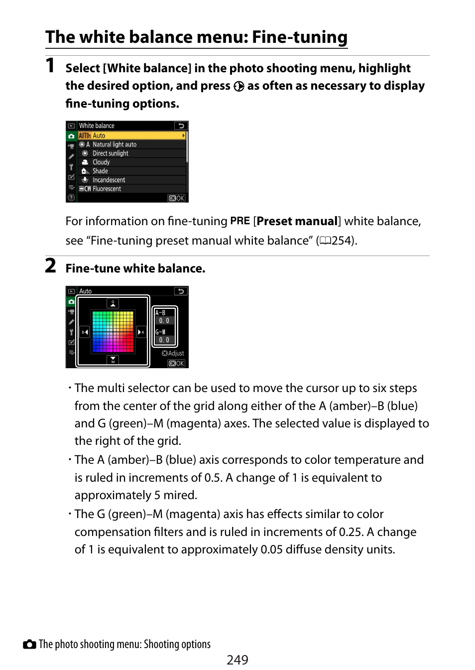 The white balance menu: fine-tuning | Nikon Zfc Mirrorless Camera with 28mm Lens User Manual | Page 249 / 624