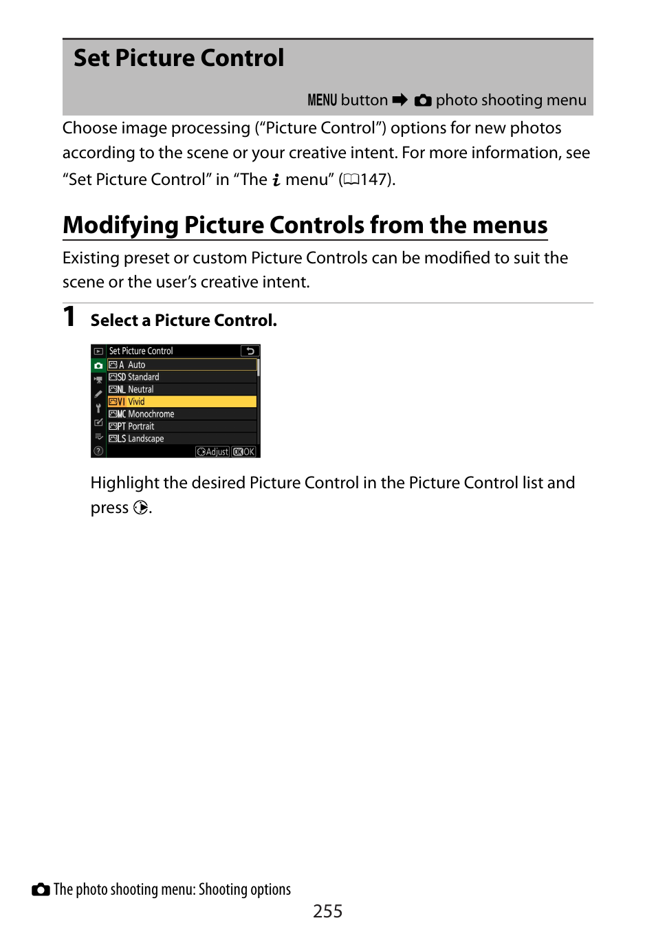 Set picture control, Modifying picture controls from the menus | Nikon Zfc Mirrorless Camera with 28mm Lens User Manual | Page 255 / 624
