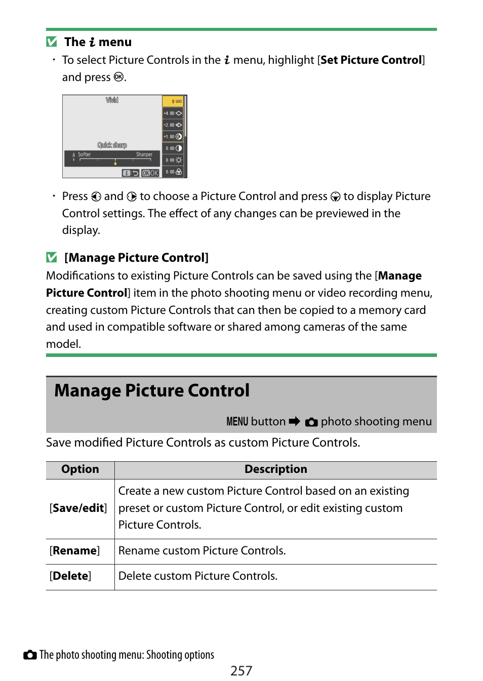 Manage picture control | Nikon Zfc Mirrorless Camera with 28mm Lens User Manual | Page 257 / 624