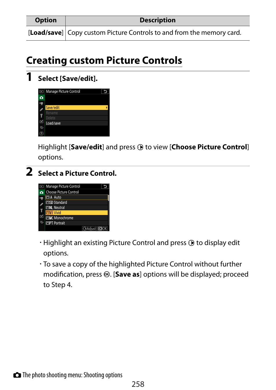 Creating custom picture controls | Nikon Zfc Mirrorless Camera with 28mm Lens User Manual | Page 258 / 624