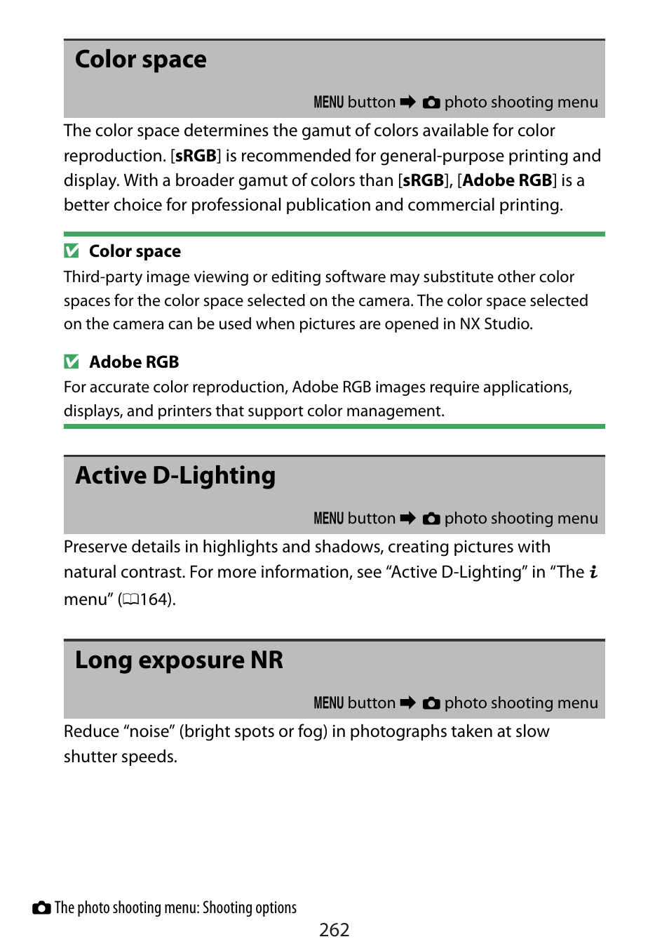 Color space, Active d-lighting, Long exposure nr | Nikon Zfc Mirrorless Camera with 28mm Lens User Manual | Page 262 / 624