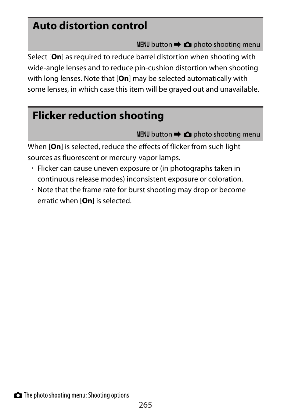 Auto distortion control, Flicker reduction shooting | Nikon Zfc Mirrorless Camera with 28mm Lens User Manual | Page 265 / 624