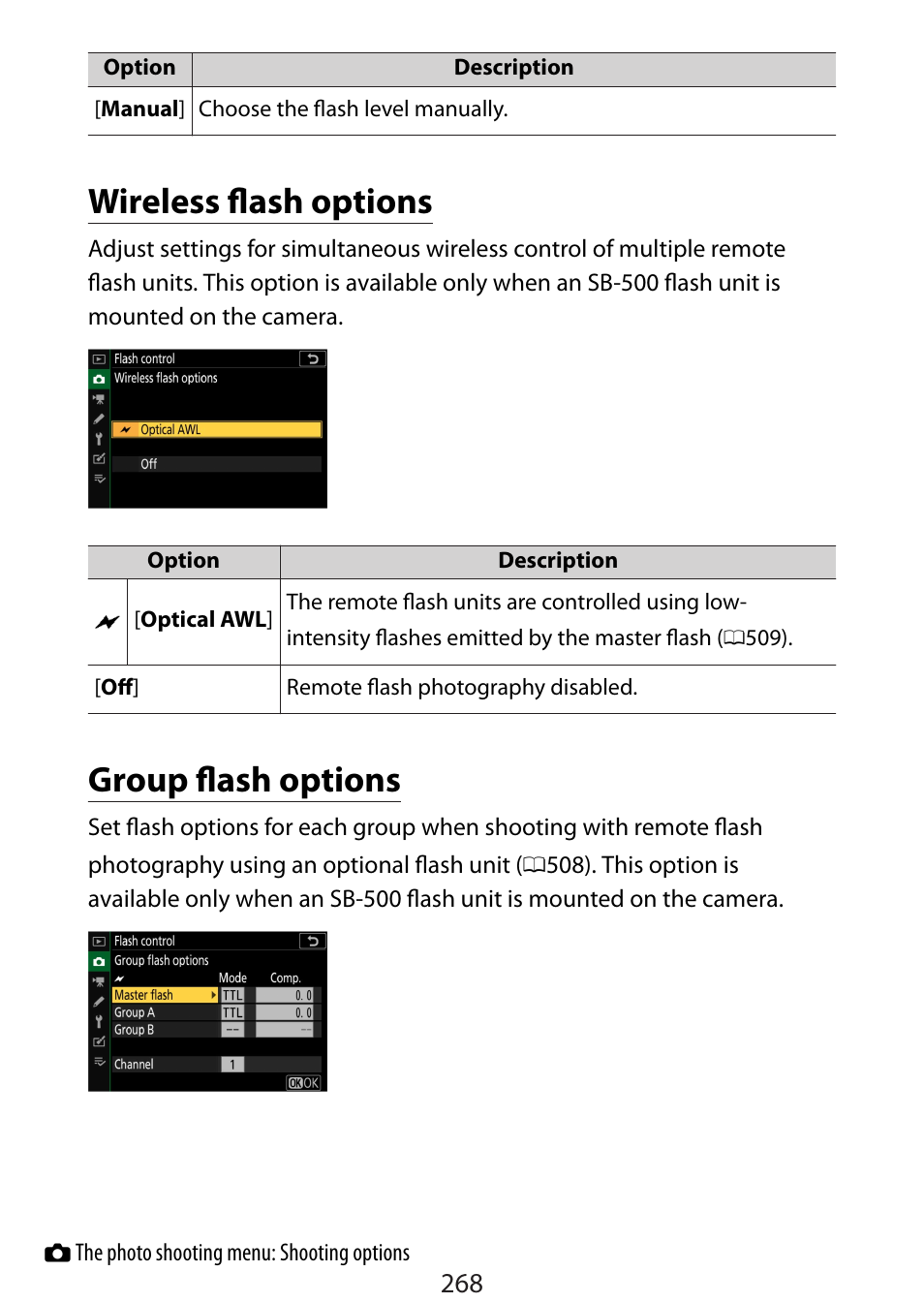 Wireless flash options, Group flash options | Nikon Zfc Mirrorless Camera with 28mm Lens User Manual | Page 268 / 624