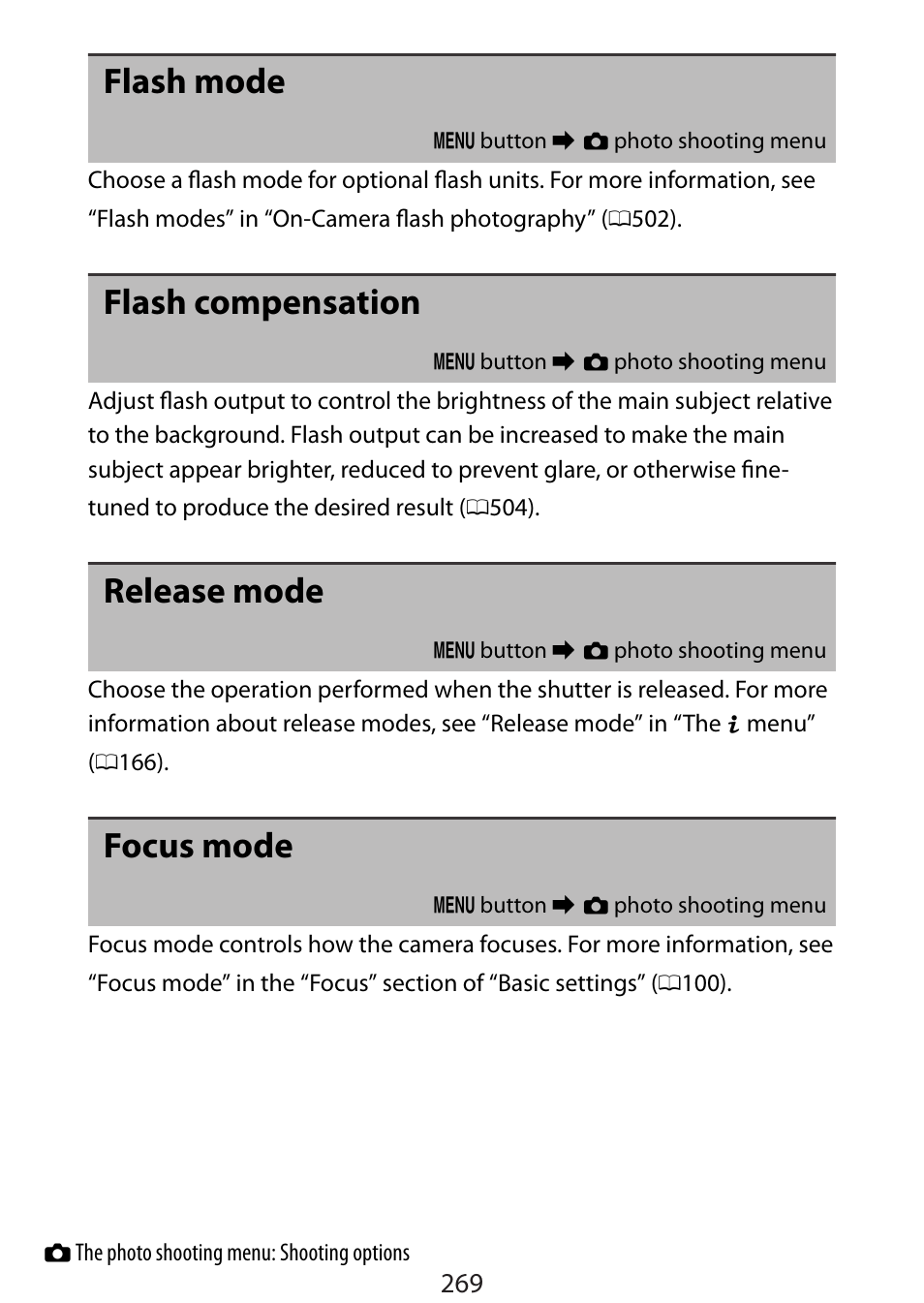 Flash mode, Flash compensation, Release mode | Focus mode | Nikon Zfc Mirrorless Camera with 28mm Lens User Manual | Page 269 / 624